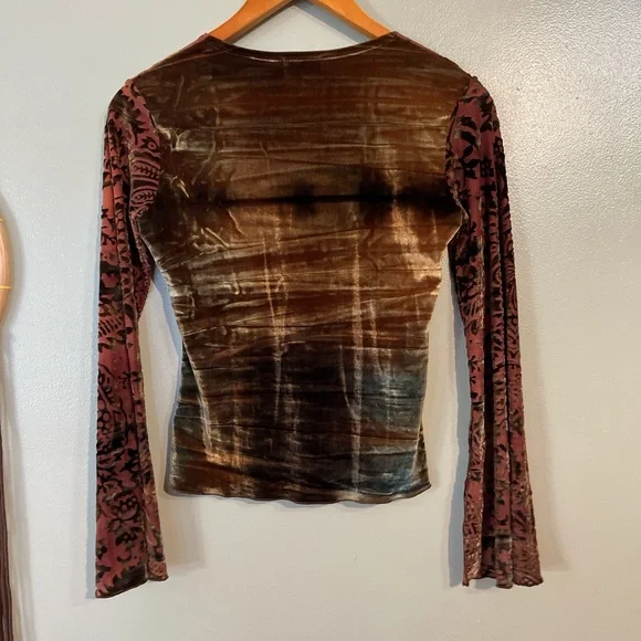 Wet Seal Velvet Wrap Y2K Top Floral PatternBlack and Brown Fall Bell Sleeves S - Picture 2 of 9